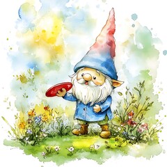 Canvas Print - Watercolor Illustration of a Garden Gnome Holding a Red Plate.