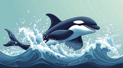 Wall Mural - a black and white orca whale leaps out of the ocean, its powerful tail splashing water as it soars t