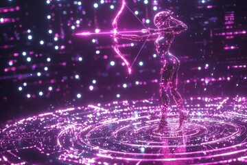 Futuristic sci fi warrior silhouette with glowing energy effect, surrounded by shimmering cosmic particles and sparkling lights