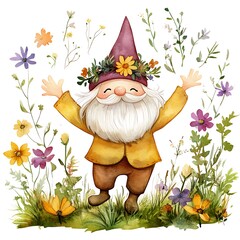 Canvas Print - Joyful Watercolor Gnome Surrounded by Blooming Flowers.