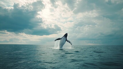 Wall Mural - a humpback whale breaches the surface of the ocean, its massive body arcing through the air, with a 