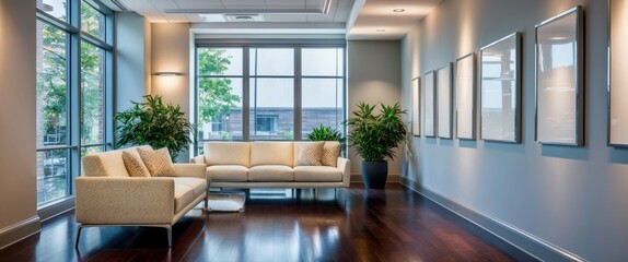 Modern interior lobby featuring cozy seating, large windows, and indoor plants, creating an inviting and stylish atmosphere for relaxation or meetings