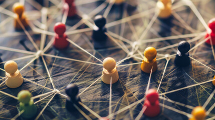 Colorful pawns are connected by threads, illustrating a network of collaboration and relationships among diverse participants.