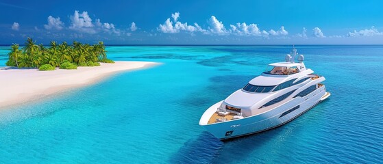 Luxurious yacht cruising in crystal-clear turquoise waters near a tropical island, perfect for vacation or adventure.