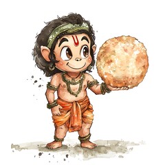 Wall Mural - Cartoon Illustration of Hanuman, Hindu Monkey God, Holding a Stone.