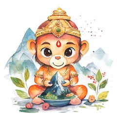 Canvas Print - Cute Watercolor Illustration of Hanuman Holding a Mountain.