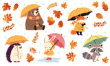 Fototapeta Pokój dzieciecy - Set of flat vector illustrations in children's style. Cute animals in raincoats and with umbrellas. Hedgehog fox bear raccoon hare in the rain, fall leaves. Vector illustration