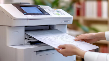 Copier, printer, close-up of office worker's hand holding printed sheets of paper.