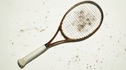 A Worn Tennis Racket Laying on a White Surface with Dust Scattered Around it