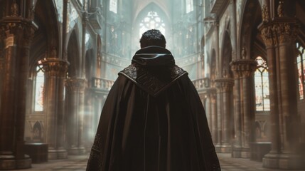 A man in a black robe stands in a large, empty cathedral