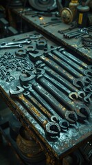 A collection of vintage wrenches displayed on a workshop table, showcasing their unique designs and craftsmanship.