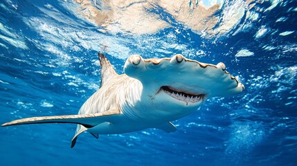 A hammerhead shark swims in blue ocean water.