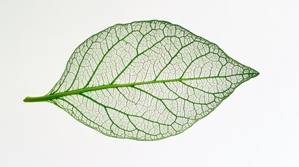 Wall Mural - Green Leaf Skeleton with Delicate Veins on White Background