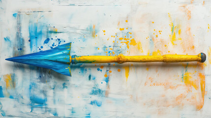 Handmade yellow and blue spear painted on a white, splattered background, showcasing a blend of craft and artistry.