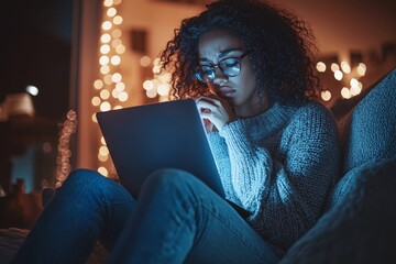 In the picture, an African-American student with bad eyesight uses her laptop to complete her homework