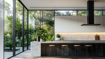 A minimalist modern kitchen with an island and barstools in front of a large glass window wall. The walls feature black steel details on white plaster, and the floor is made of wood. Generative AI.