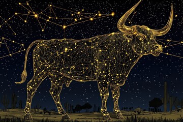 glowing celestial bovine sculpture under starry night sky