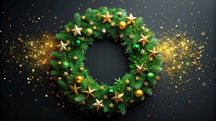 Wall Mural - Vibrant green and gold Christmas wreath with stars and confetti on black background, encircled by gold stars and confetti