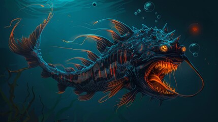 An illustrated deep-sea dragonfish with its menacing teeth and glowing body