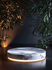 Wall Mural - Marble Pedestal with Illuminated Base in a Lush Setting