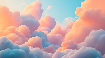 A dreamy and colorful sky filled with fluffy clouds in pastel shades of pink, blue, and orange