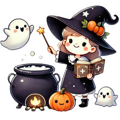 A cute witch casting spells with her cauldron, accompanied by playful ghosts and a smiling pumpkin, perfect for Halloween themes.