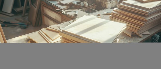 A well-lit woodworking table cluttered with neatly stacked wooden pieces, tools, and wood shavings, hinting at a busy woodworking project.