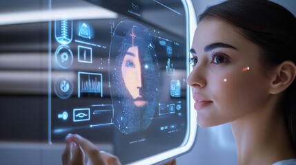 AI-powered smart mirrors providing health and beauty recommendations in real-time: A person interacting with a smart mirror that suggests skincare and fitness routines.