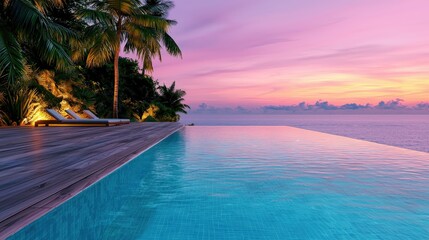 Serene infinity pool at sunset, surrounded by palm trees and vibrant skies. A perfect escape for relaxation and tranquility.