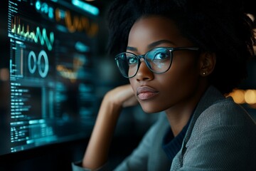 Wall Mural - Focused Black Female Data Scientist Analyzing Graphs, Programmer, Software Developer, Businesswoman