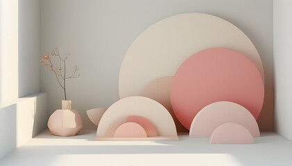 Serene minimalist composition of geometric shapes in muted tones featuring gentle gradients