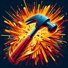 Wall Mural - This vibrant and dynamic image showcases a detailed hammer with a red handle, smashing through a yellow surface with an explosive burst effect.