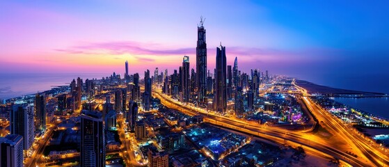 Wall Mural - Stunning aerial view of a modern city skyline at sunset, showcasing skyscrapers and vibrant colors in the sky.