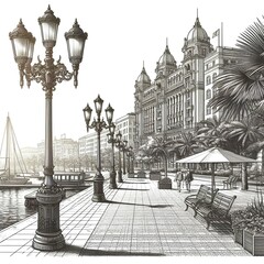 Wall Mural - This image depicts a detailed sketch of a city's waterfront, complete with historic buildings, streetlamps, and a promenade adorned with palm trees.