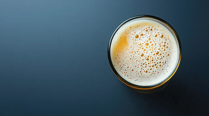 Wall Mural - Top view of a frothy beer glass on a dark blue background, ideal for beverage advertising or bar promotions, copy space.