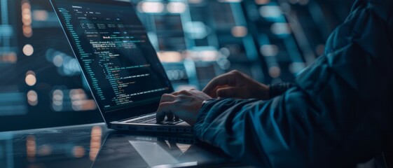 Wall Mural - programmer typing on a laptop with code displayed on the screen, reflecting the intricacies and focu