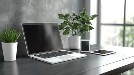 A laptop, a tablet, a smartphone, and two potted plants on a dark gray table.