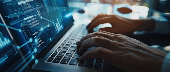 Wall Mural - hands typing on a laptop keyboard, bathed in blue light, surrounded by data and graphs, symbolizing 