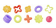 © Marina - 3d plastic playful elements. Joyous shapes. Circles, tube, cross object, abstract volumetric flower icon, ball. Vector creative graphics. Geometric forms. Cartoon illustration.