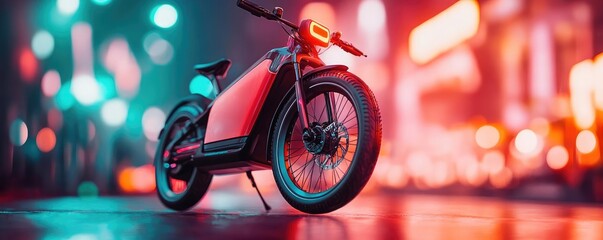 Futuristic e-bike, high-power motor, neon-lit city streets, sleek urban vehicle design, advanced transportation technology