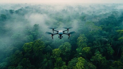 AI-enhanced drones monitoring environmental conservation efforts: Drones flying over forests, tracking wildlife and deforestation patterns.