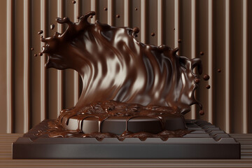 Wall Mural - A 3D-rendered podium featuring a rich chocolate wave, symbolizing a liquid milk splash