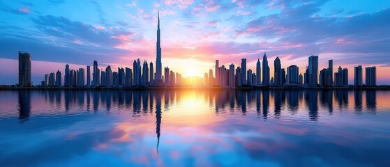 Stunning skyline at sunset with reflection on water. Vibrant colors illuminate the cityscape, showcasing architectural elegance.