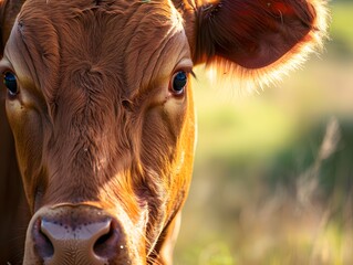 A close-up of a brown cow's face, highlighting its large eyes and textured fur against a soft, blurred background of greenery.