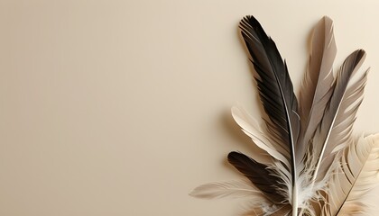 Minimalist arrangement of delicate feathers on a beige background, embodying calm sophistication and ideal for social media graphics