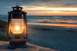 © SANA - A close-up, highly detailed, ultra-realistic image of a kerosene lamp glowing softly on a beach at dusk