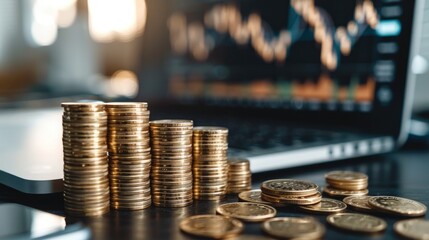 Poster - The concept of Return on Investment in a business context. professional desk setup with stacks of coins arranged in ascending order, symbolizing growing profits. Include laptop with financial graphs.