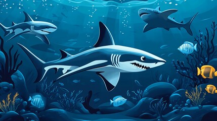 Wall Mural - A group of sharks swimming in the ocean with colorful fish and coral reefs in the background.