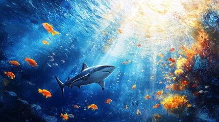 A lone shark swims through a school of fish in a vibrant coral reef, sunlight filtering down from above.