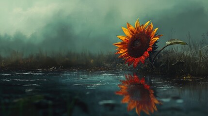 Sticker - A solitary sunflower, its petals bloodied, reflected in a watery ground, symbolizing a fight for survival, even though it comes with deep wounds